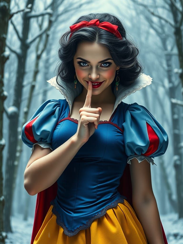 Hyperrealistic Snow White with Evil Smile in Winter Forest