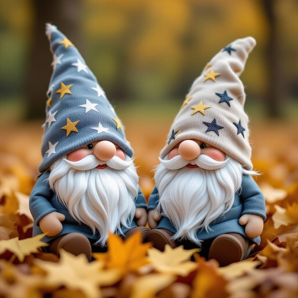 Gnome Wizard Hat with Stars Sits by Leaves