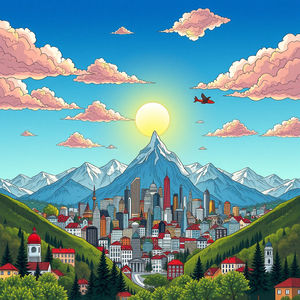Doodle City Surrounded by Mountains: Pop Art