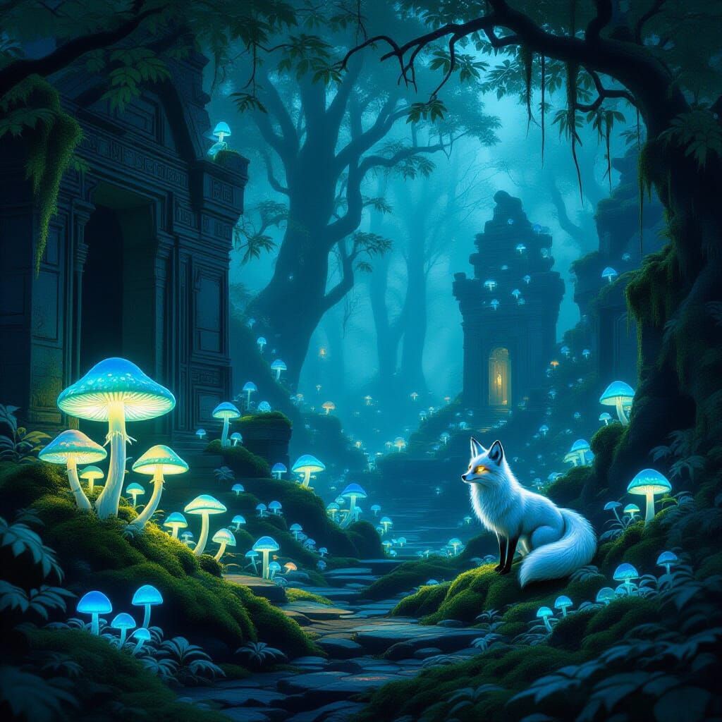 Ethereal Forest Glade with Spectral Fox and Glowing Ruins