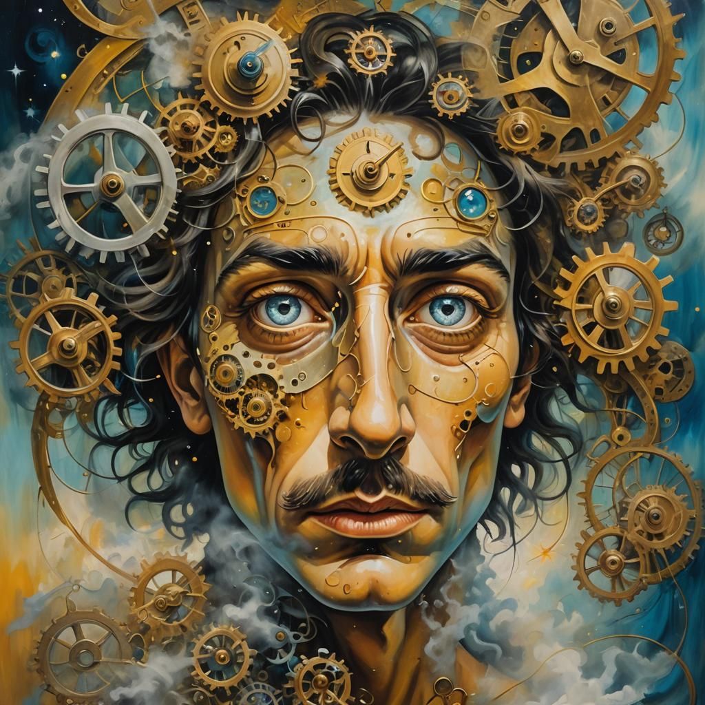 Surreal Portrait with Clockwork and Swirling Mist