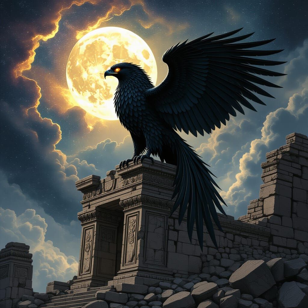 Griffin with Obsidian Feathers in Cosmic Moonlight