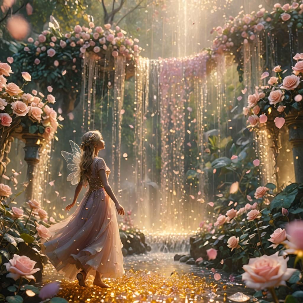 Fairies Dancing in Rose Garden Waterfall: Dreamy Fantasy Art