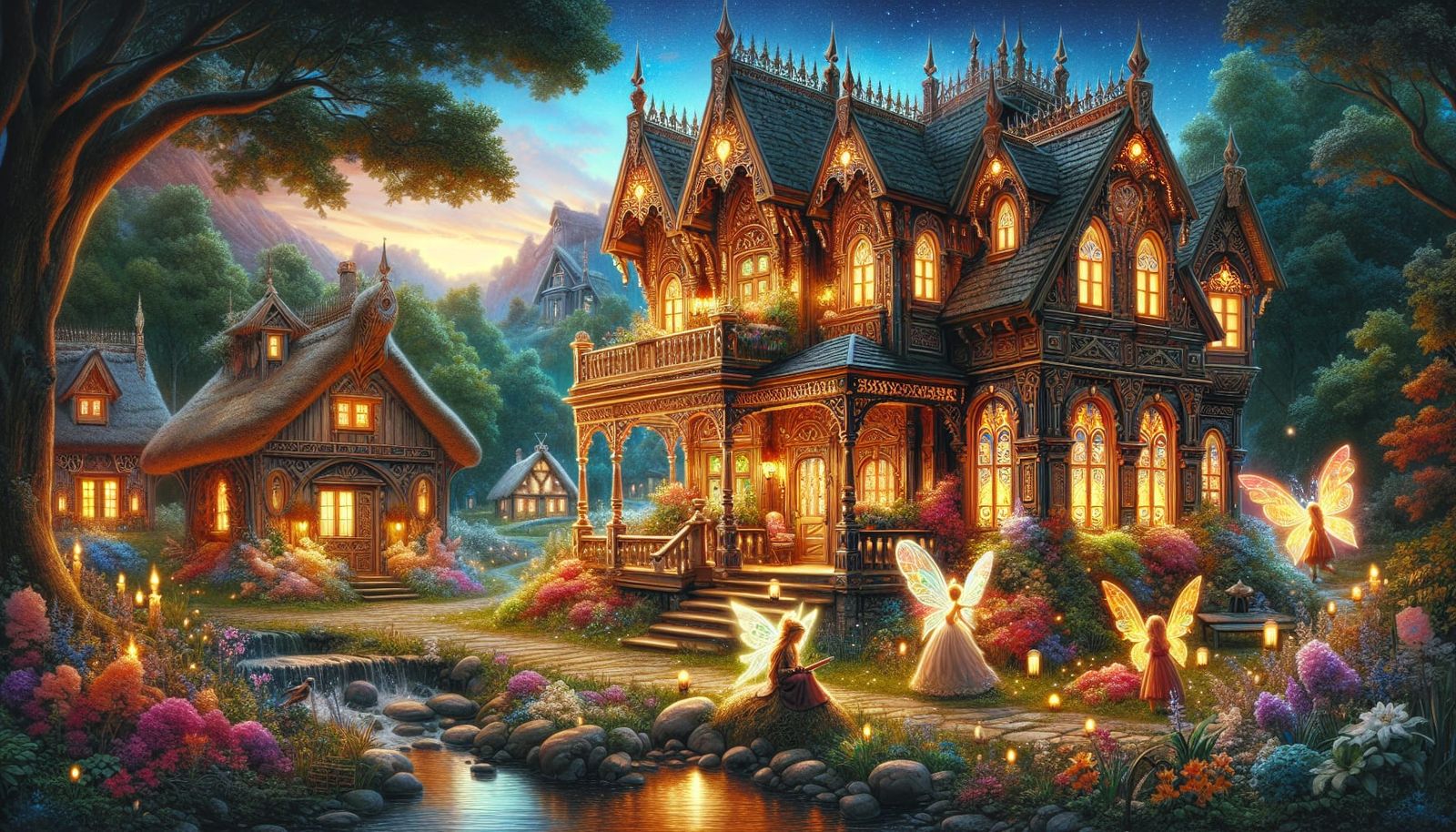 Luxurious Fairy Village Scene with Contrasting Homes