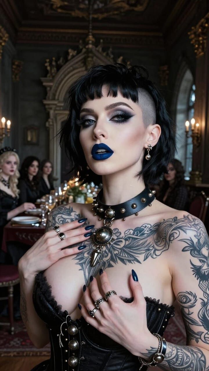 Gothic Woman Posing in Castle Dining Room