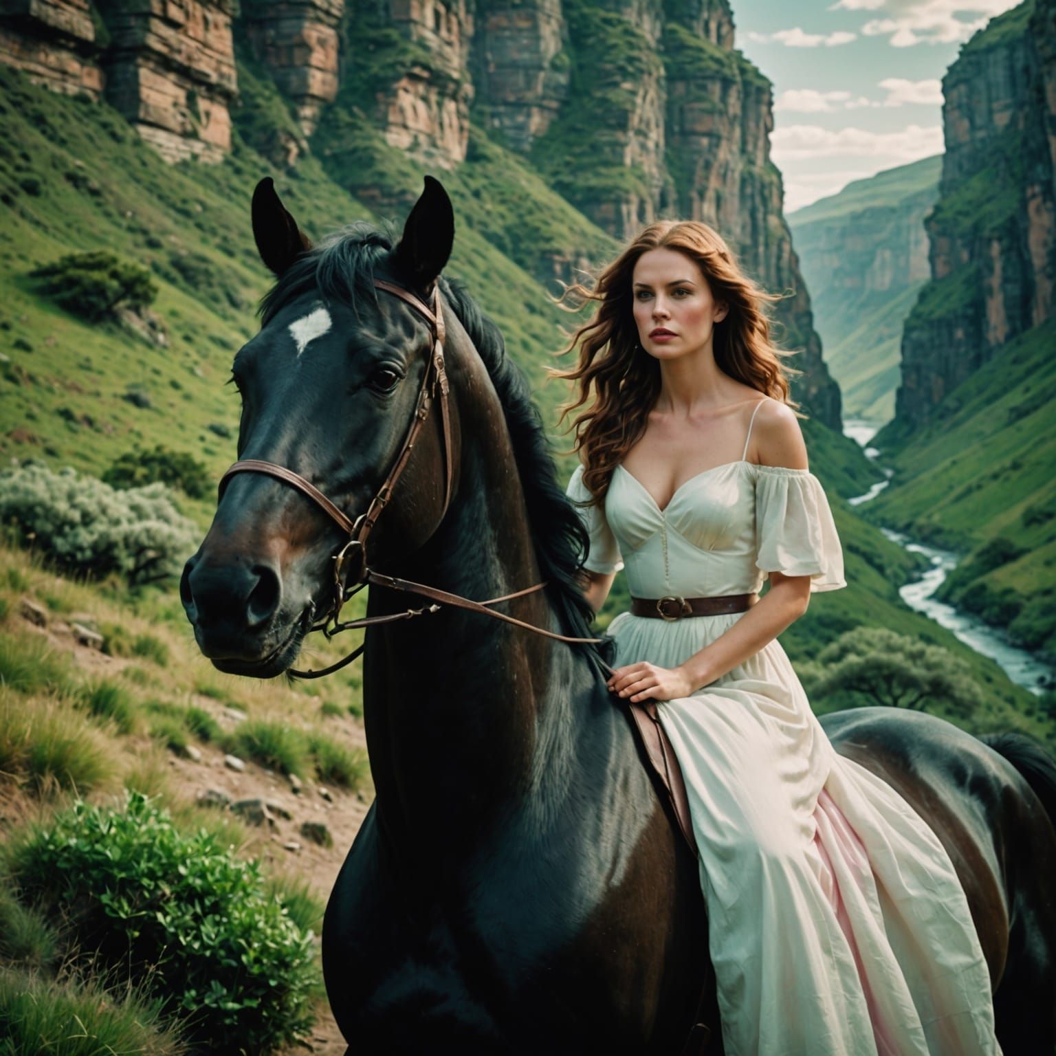 Elegant Lady Rides a Mighty Black Stallion through Lush Gree...