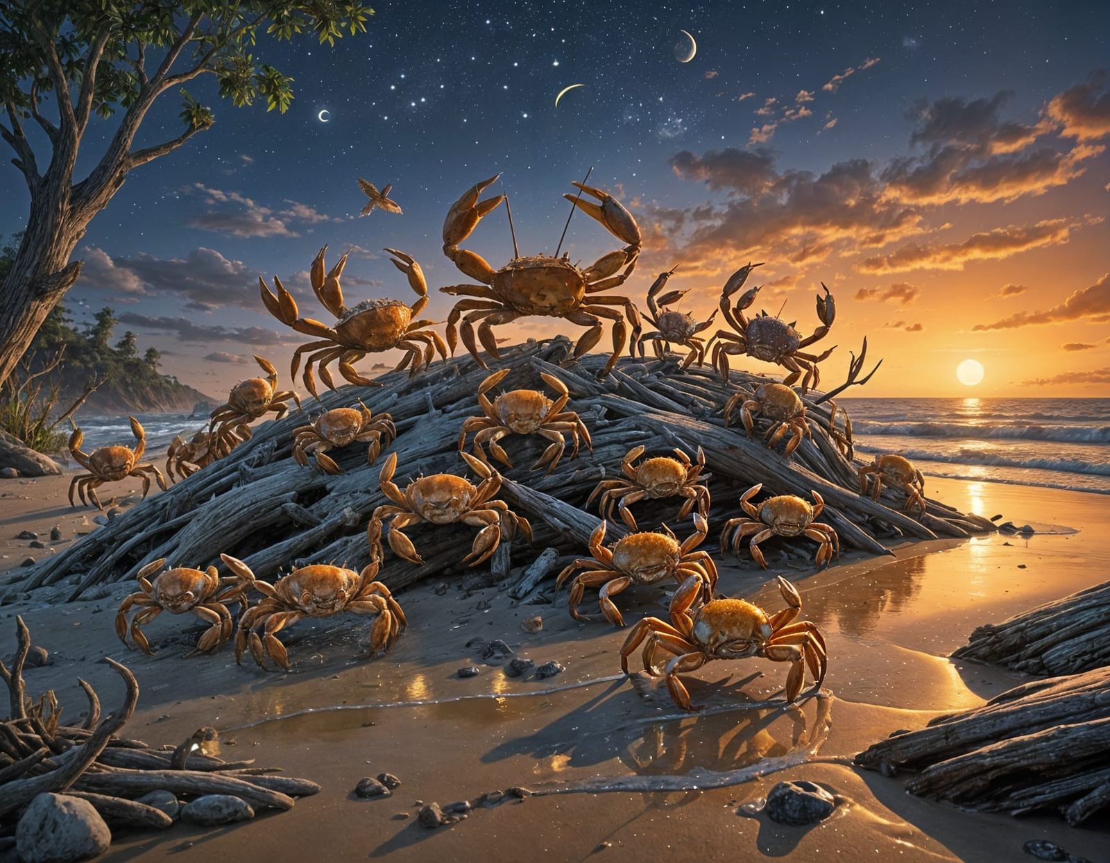 Crabs' Beach Party Under Moonlight, Fantastical Realism