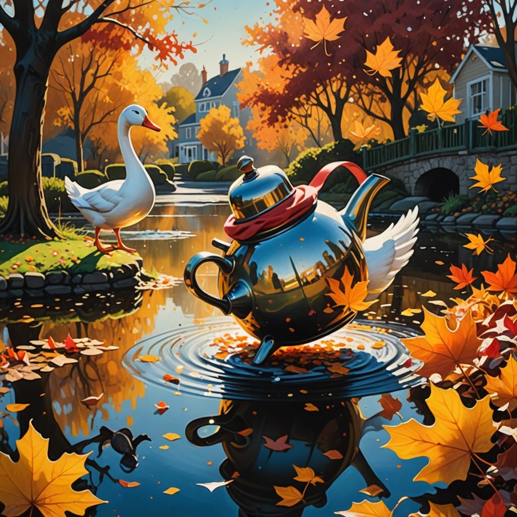 Surreal Autumn Teapot Flees Goose in Street Art Style