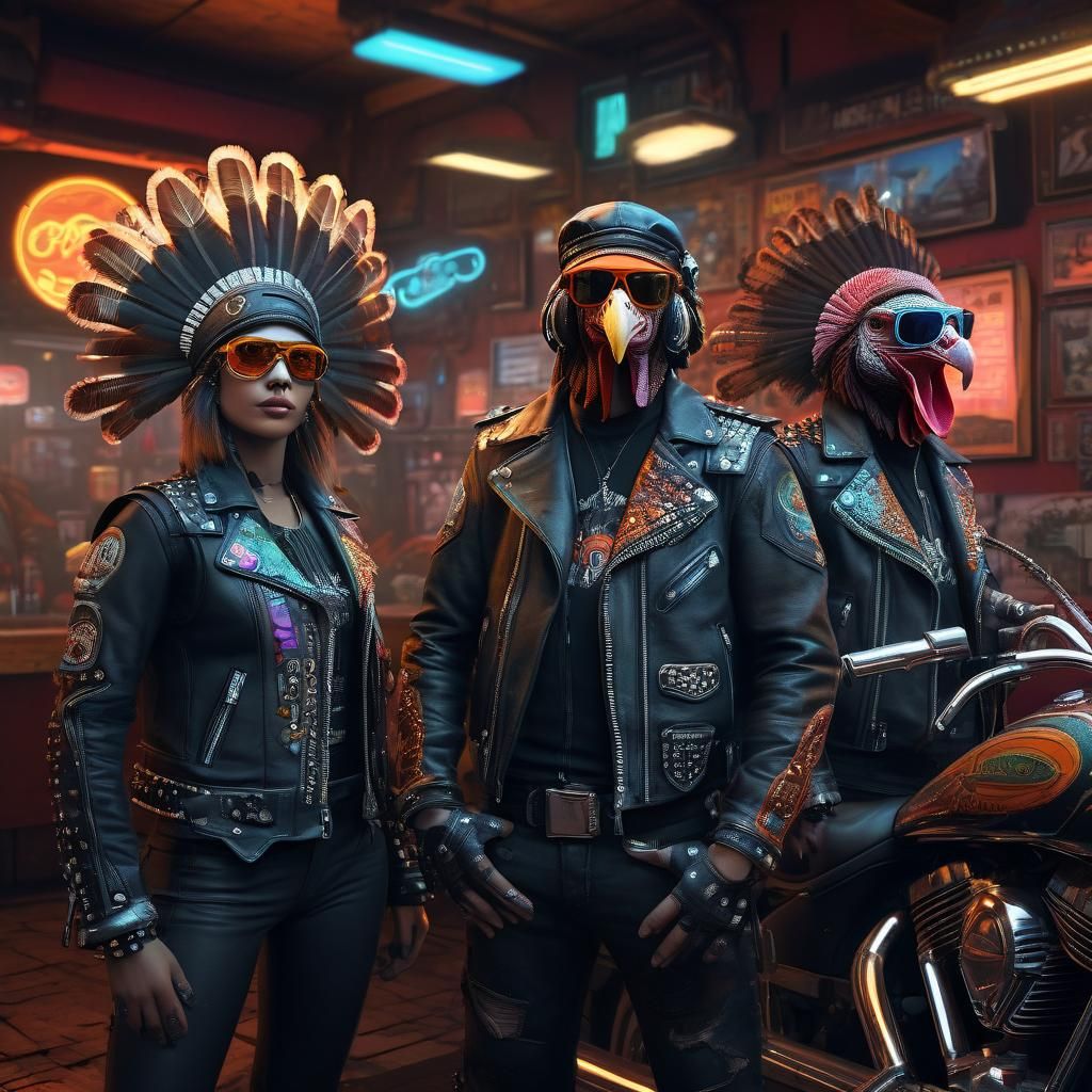 Turkeys in Biker Gear in a Neon Biker Bar