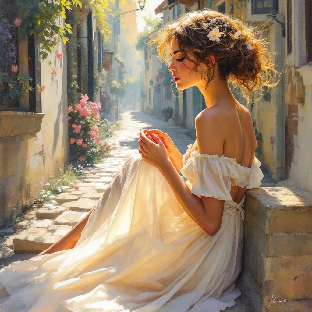 Romantic Watercolor of Woman on Stone Steps