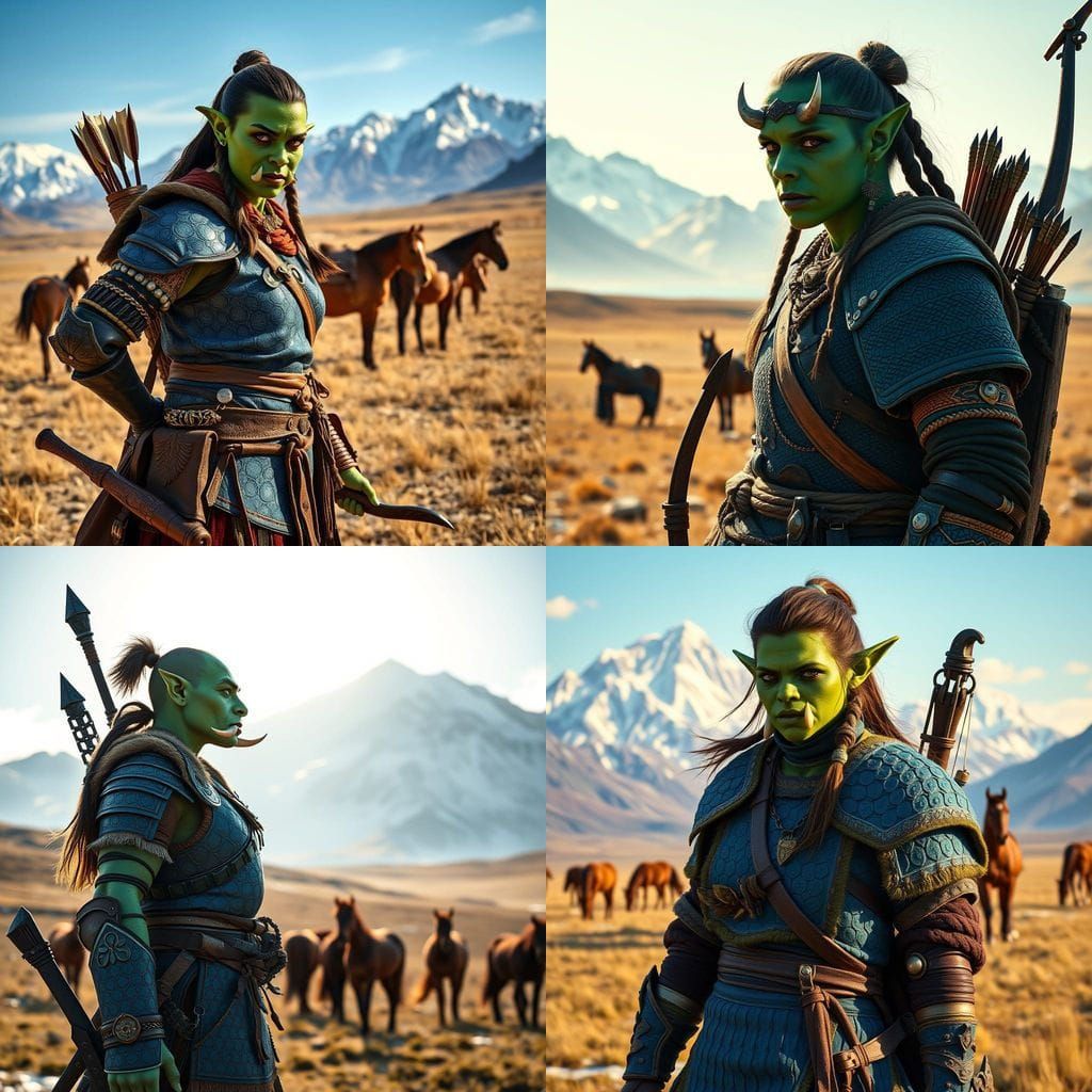 Orc Warrior Woman in Mongolian Armor on the Steppe