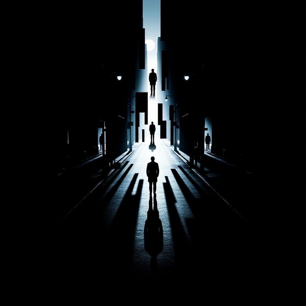 Mysterious Silhouettes in Moonlit City Shadows