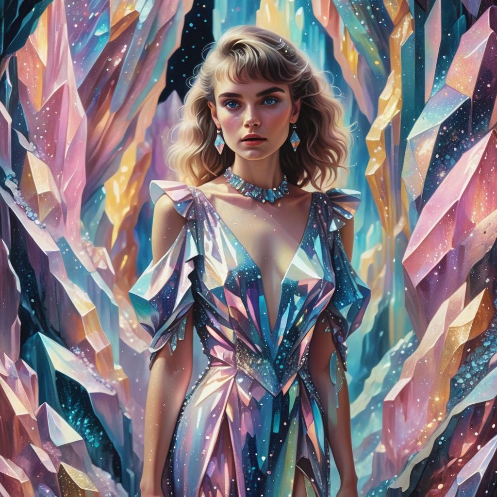 Glittery Woman in 80's Pastel Crystal Cave