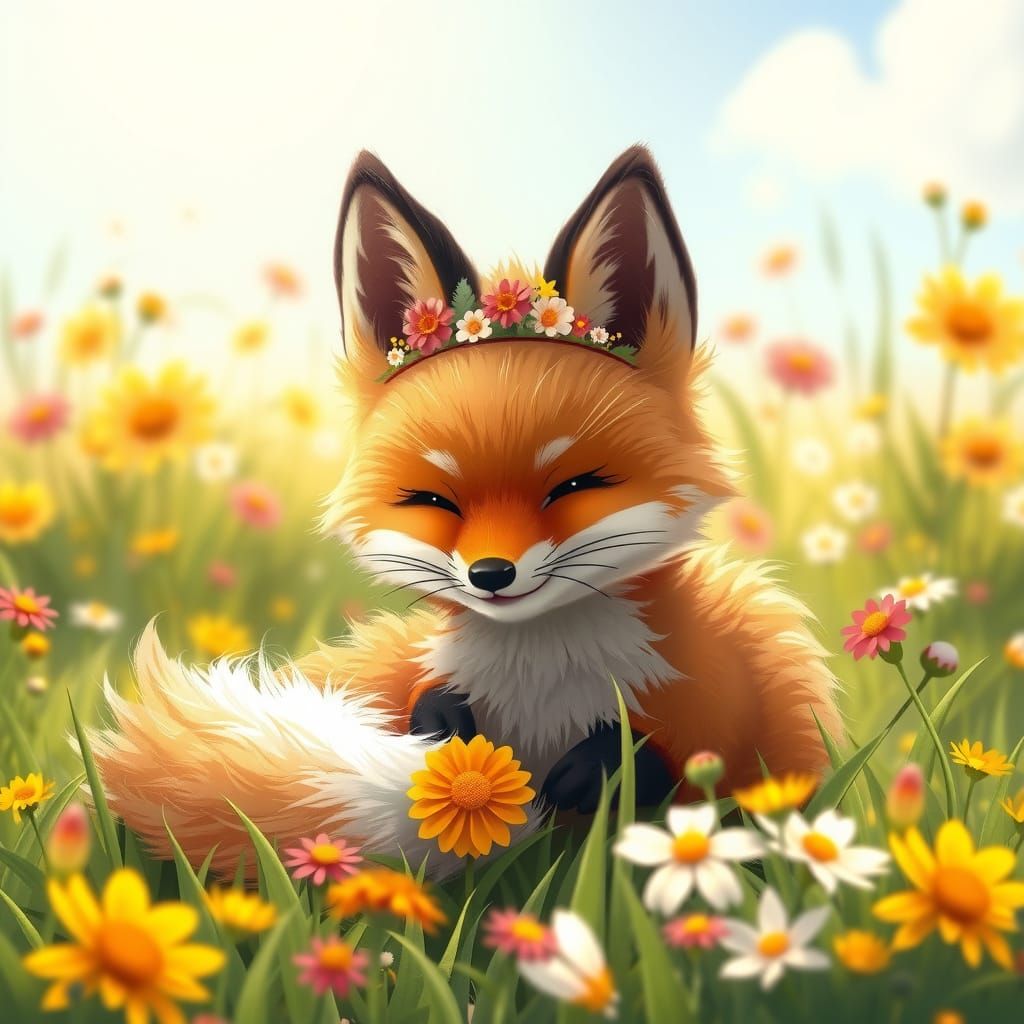 Fox Pup in Flower Crown, Whimsical Meadow Scene
