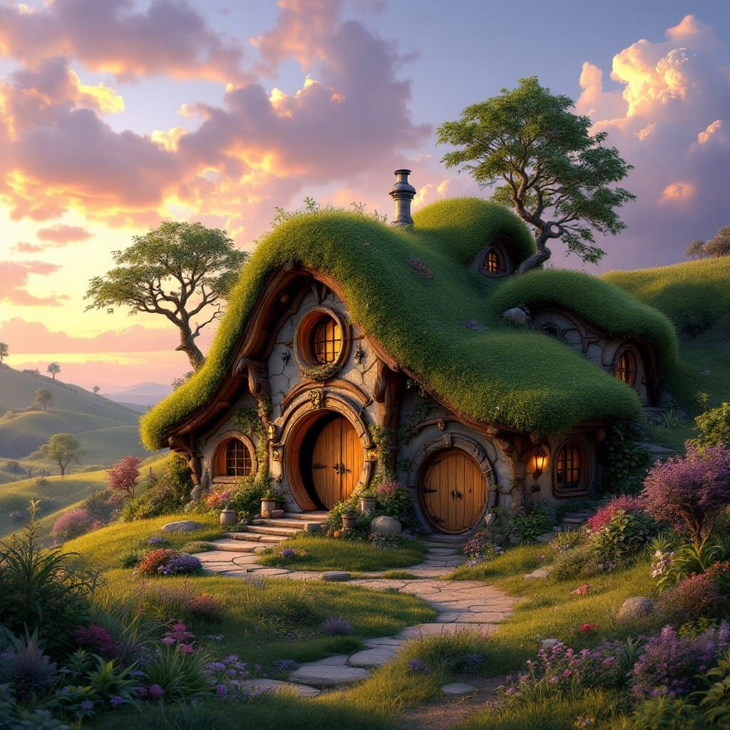 Whimsical Hobbit House in Fantasy Landscape