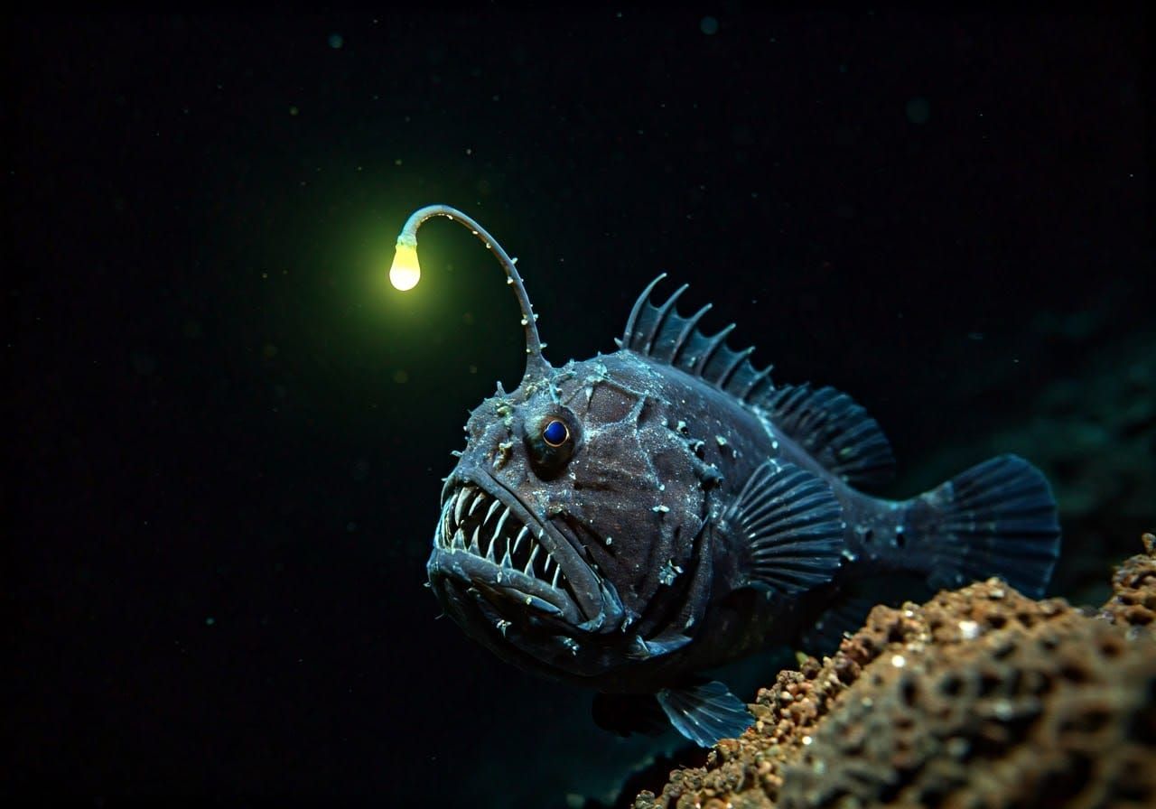 Bioluminescent Anglerfish in Deep Sea, Wildlife Photography