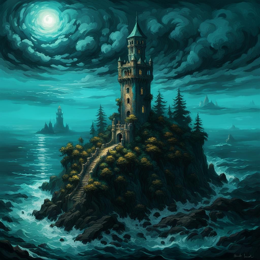 Eerie Island Tower at Midnight: Impressionistic Style