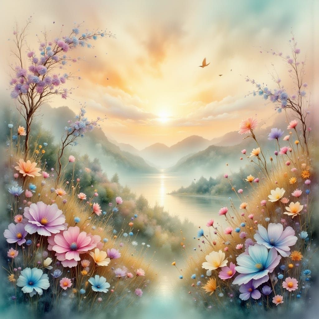 Rainbow Birds in Dreamy Floral Landscape Painting