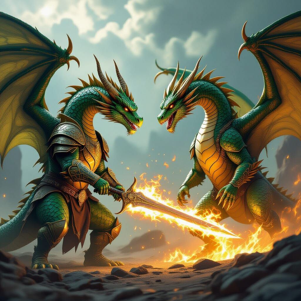 Epic Dragon Battle Scene in Digital Painting Style