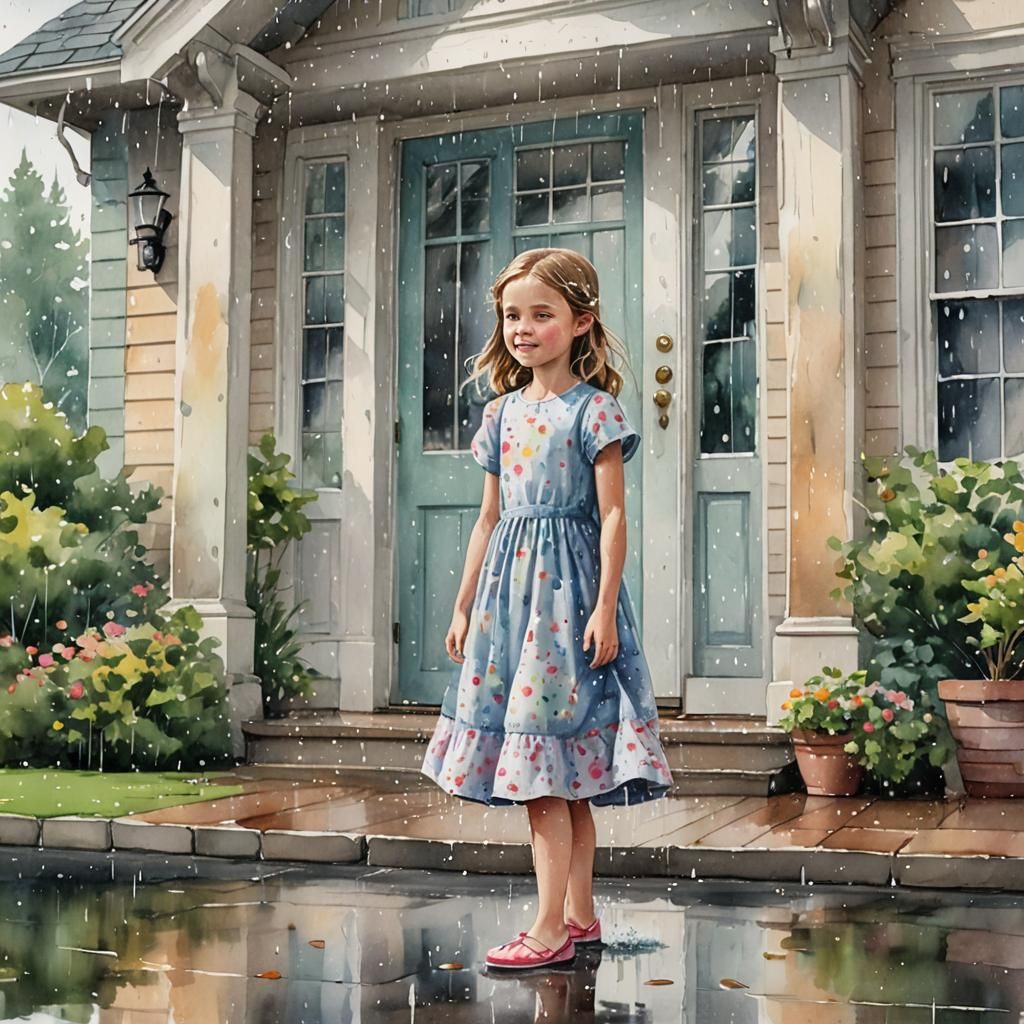 Girl in Rain: Whimsical Watercolor Illustration