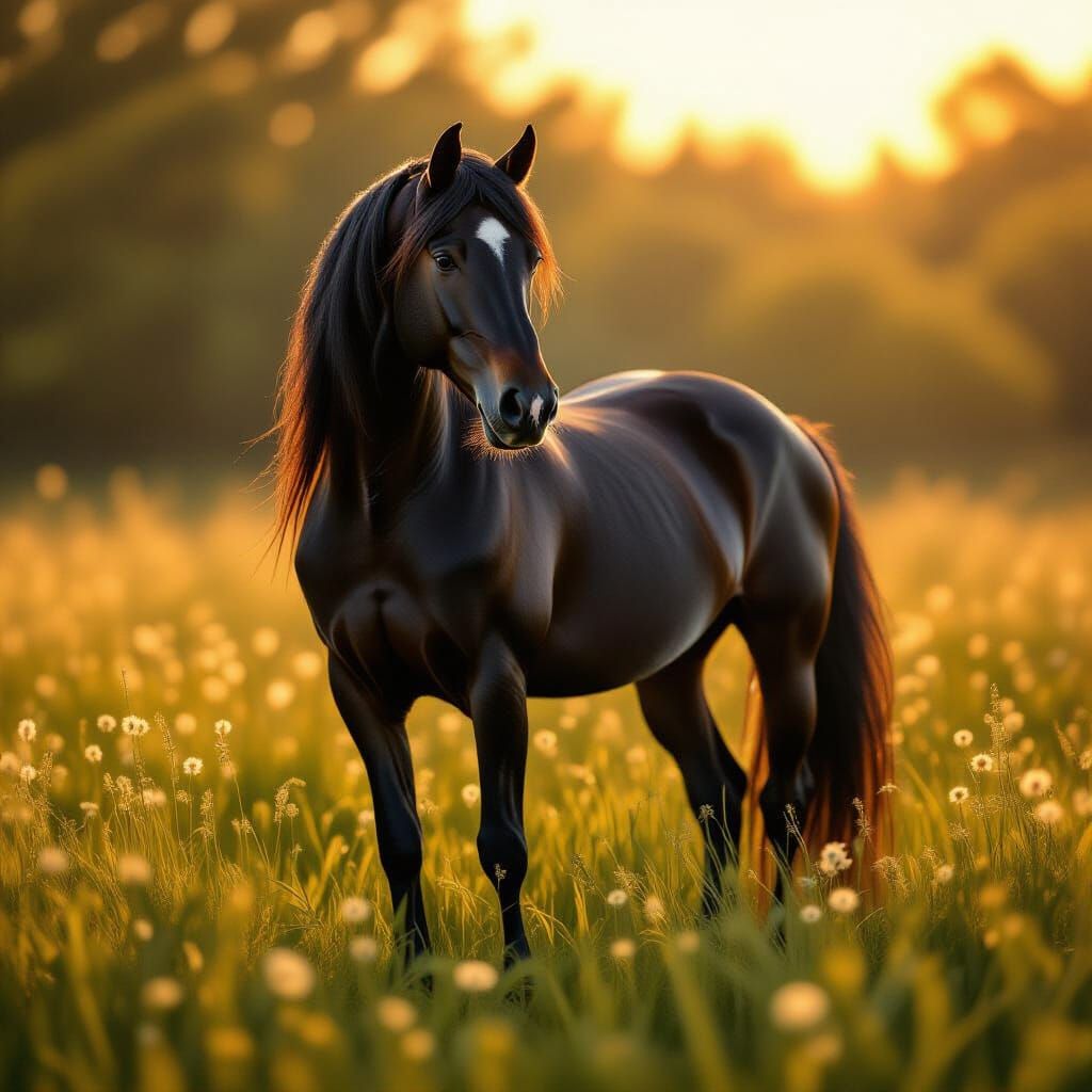 Majestic Friesian Horse in Sunlit Meadow Digital Painting