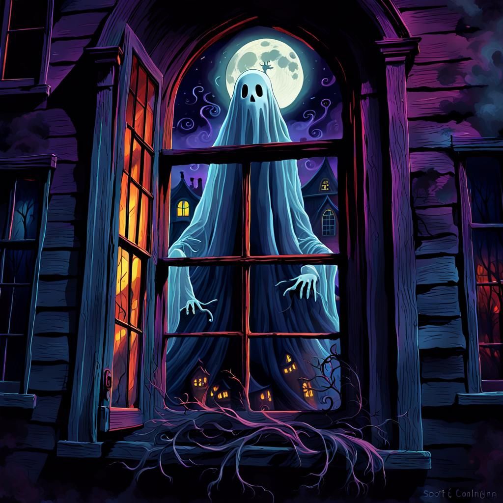 Ghost Emerges from Haunted House: Dark Whimsy Digital Art