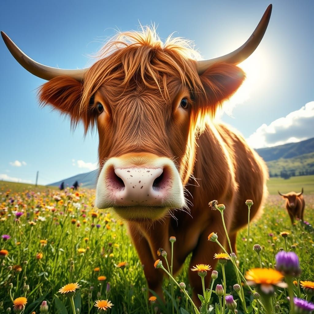 Serene Highland Cow in a Sunflower Meadow with Gentle Breeze...