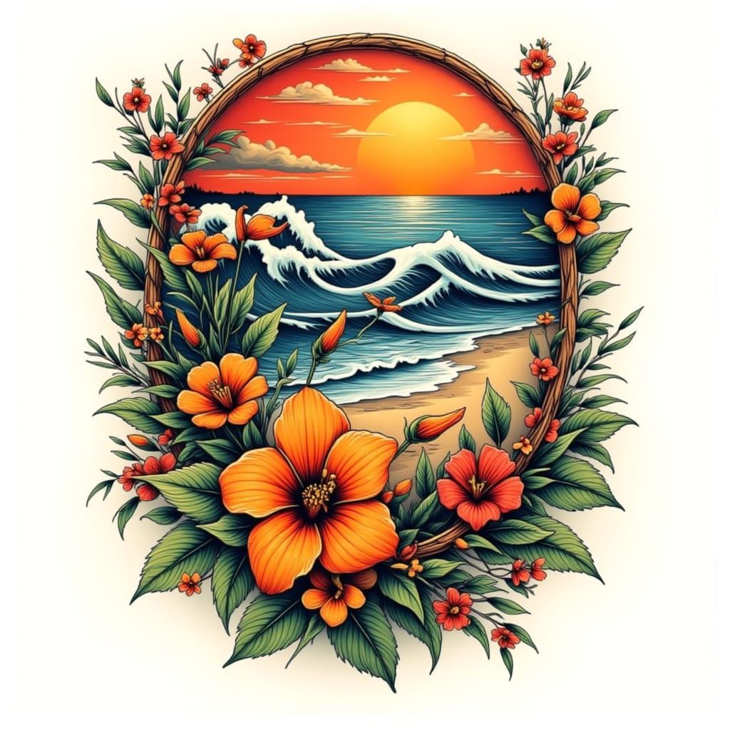 Neo-Traditional Tattoo Art: Vibrant Floral Beach Sunset