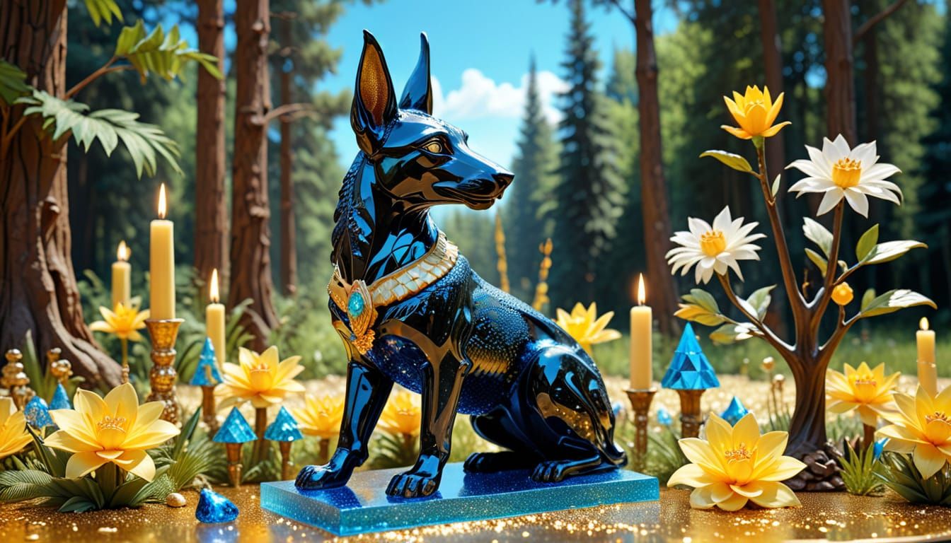 Glass Sculpture of Anubis in Fantasy Forest