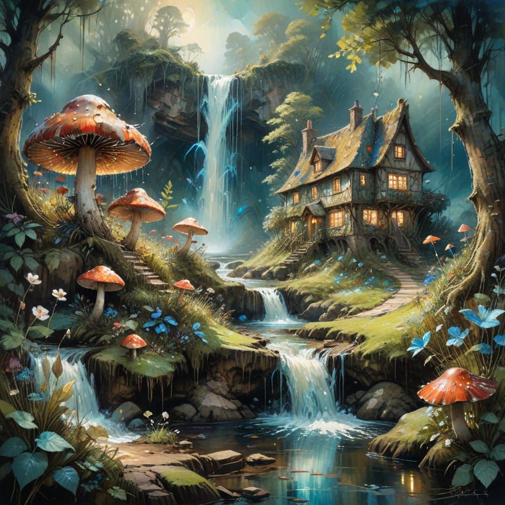 Village of Shimmering Mushrooms in Dreamlike Waterfall Lands...