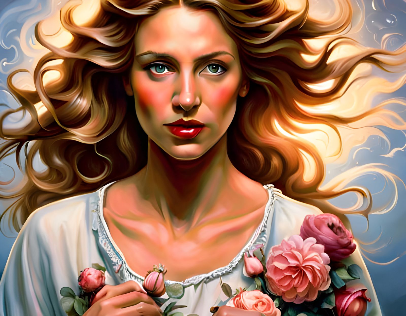 Beautiful Woman with Flowing Hair, Classical Portrait