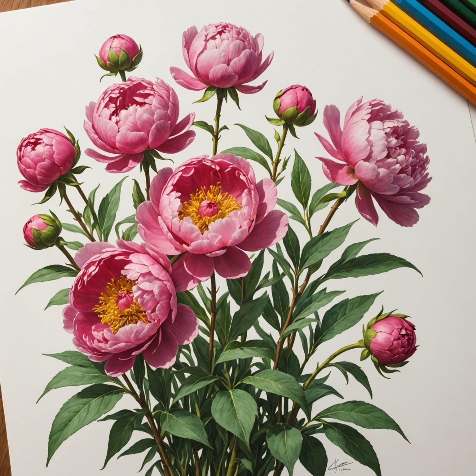 Pencil Sketch Transforms into Vibrant Peony Garden