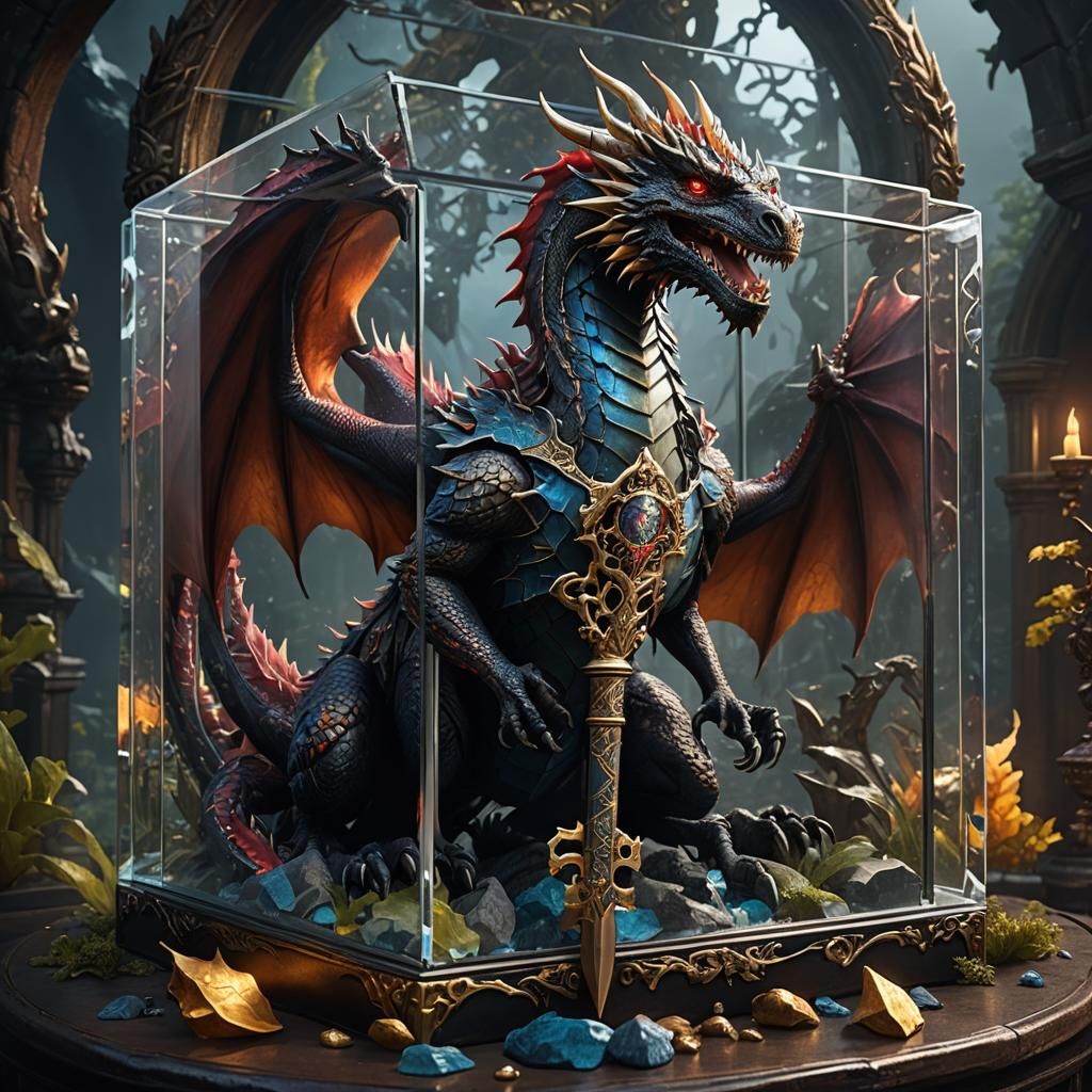 Dragon Guarding Key in Glass Box: Fantasy Art
