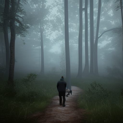 Man and Dog in Forest Fog: 3D Game Art