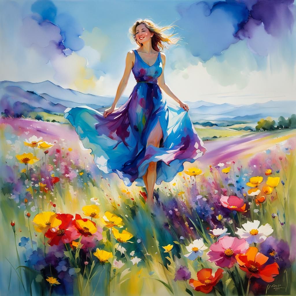 Young Woman in Wildflower Meadow, Alcohol Ink Style
