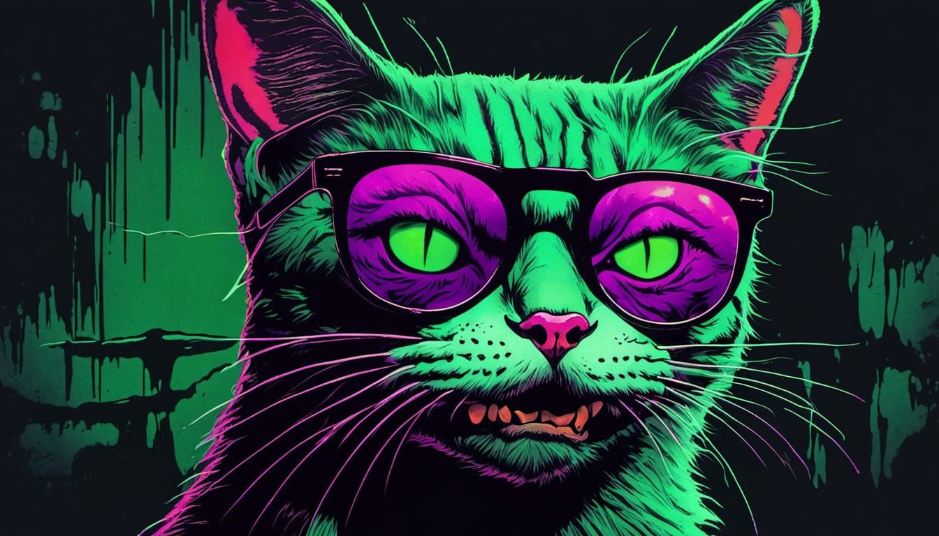 Retro Horror Collage: Green Cat in 90s Style
