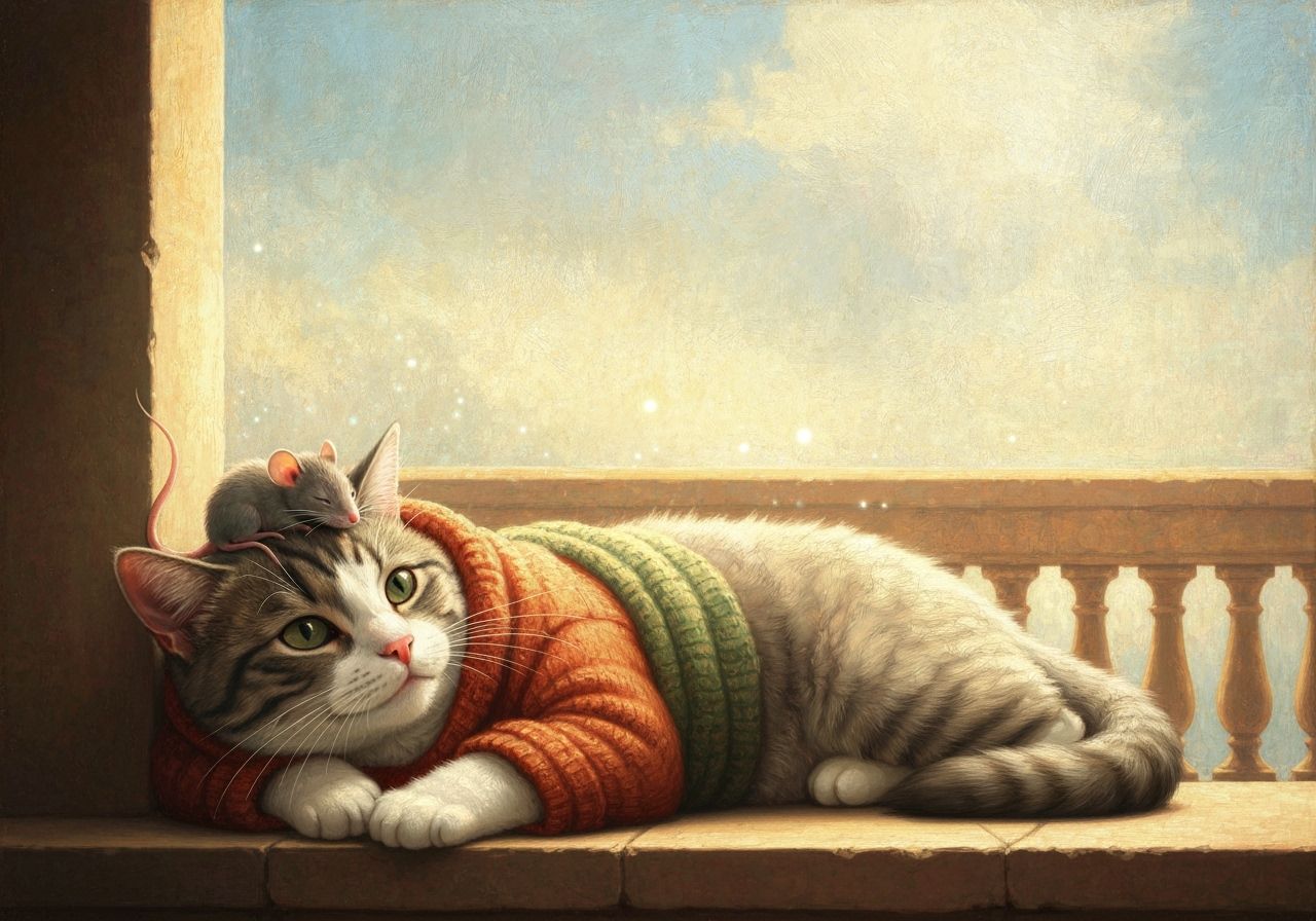 Harmonious Cat and Mouse Nap in Soft Chiaroscuro Style