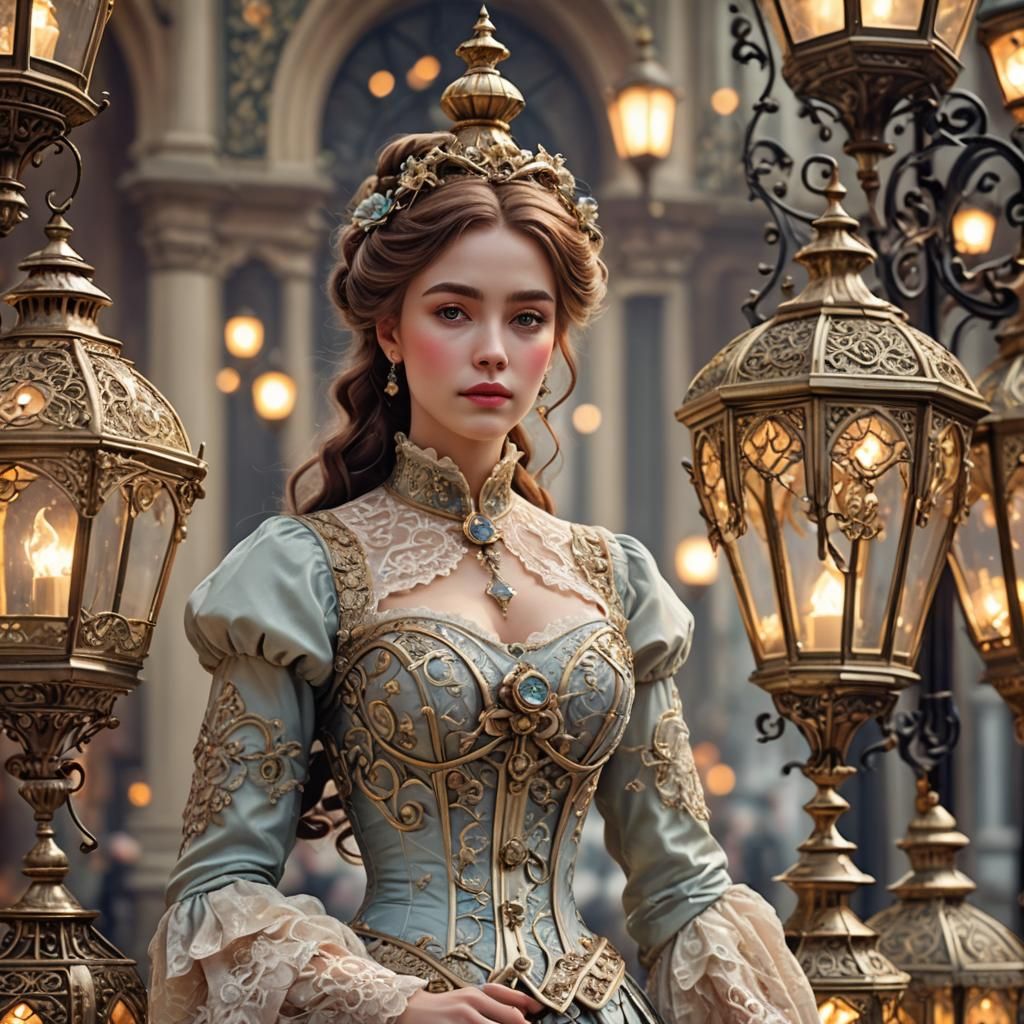 Victorian Lanterns Enhance Lady's Charm in Baroque Splendor