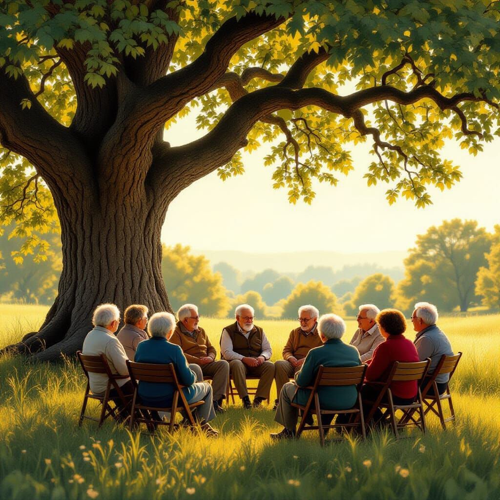Elderly Wisdom Circle Under Ancient Oak Tree