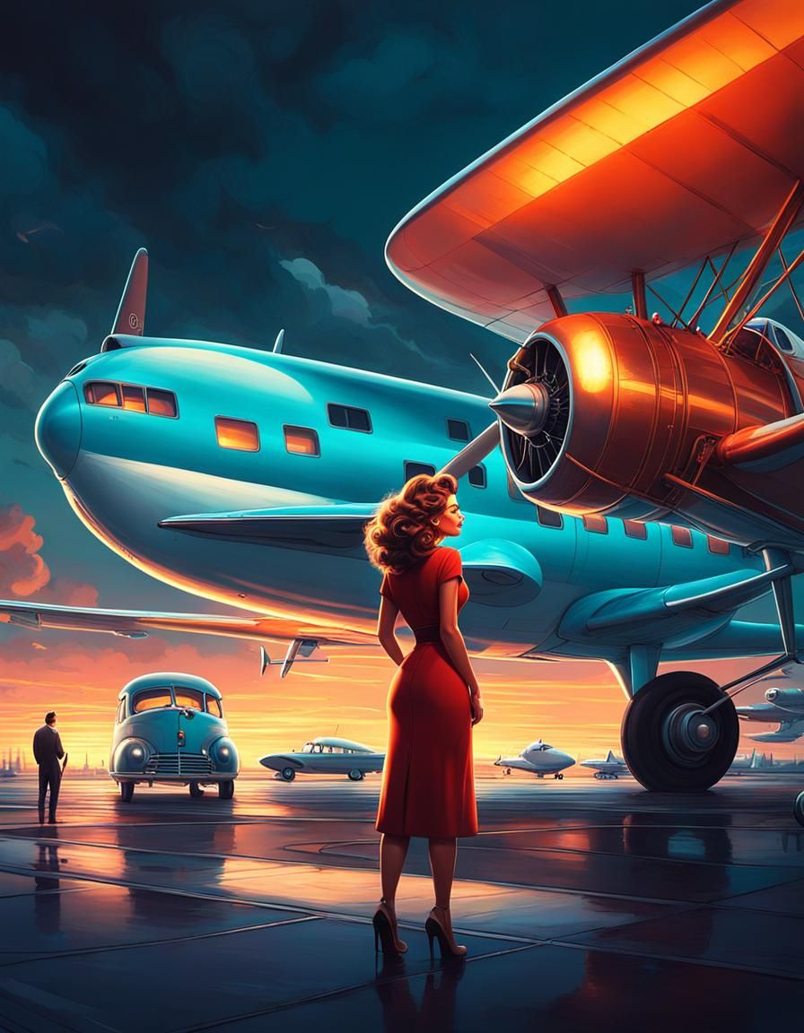 Surreal 1950s Airplane Repair, Digital Art