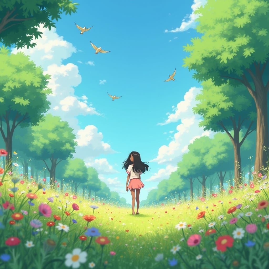 Peaceful Meadow Anime Scene With Black Girl