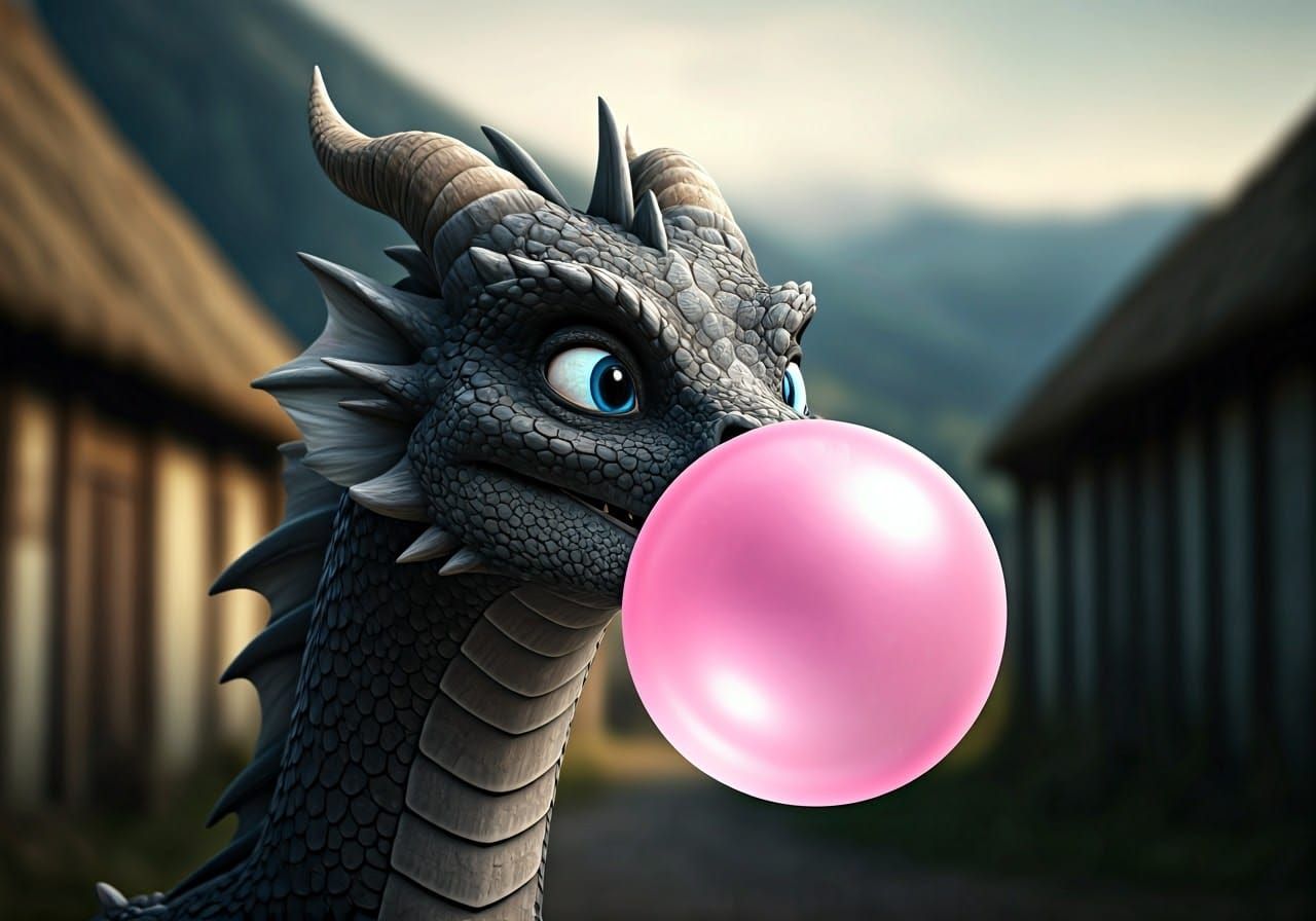 Joyful Dragon Blows Pink Bubblegum Bubble in Cinematic Portr...
