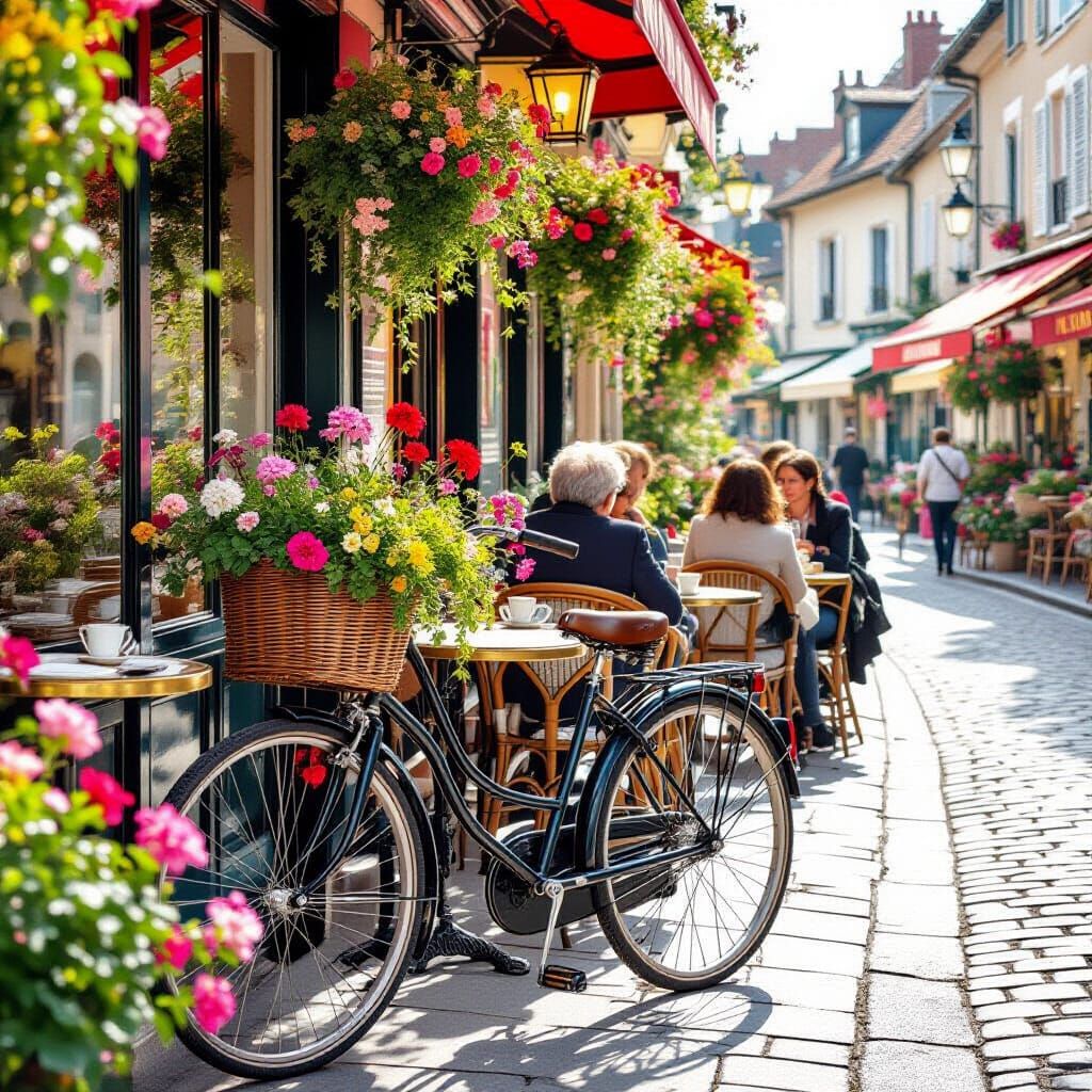 Charming Cafe Scene with Bicycle in Impressionistic Style