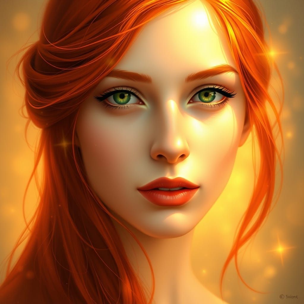 Surreal Woman Radiates Ethereal Glow with Vibrant Red Hair