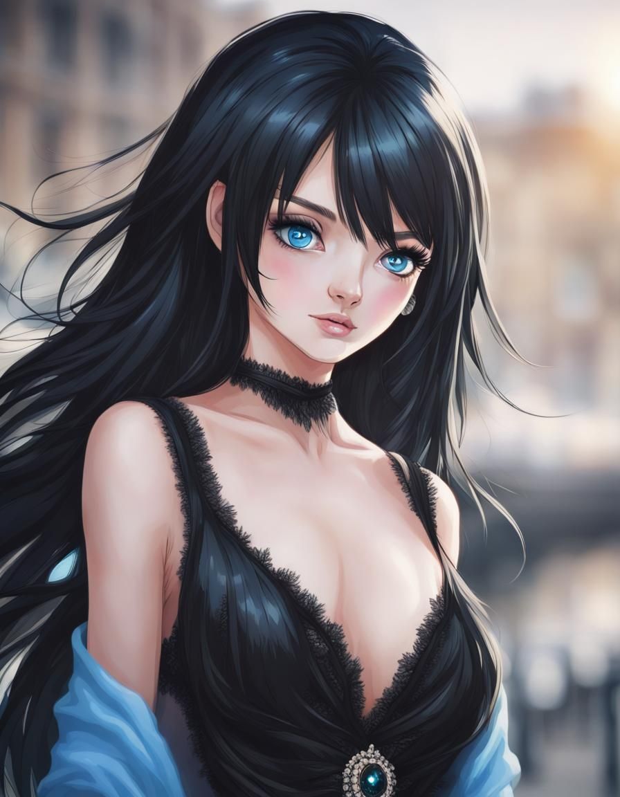 Beautiful Girl with Blue Eyes and Black Hair
