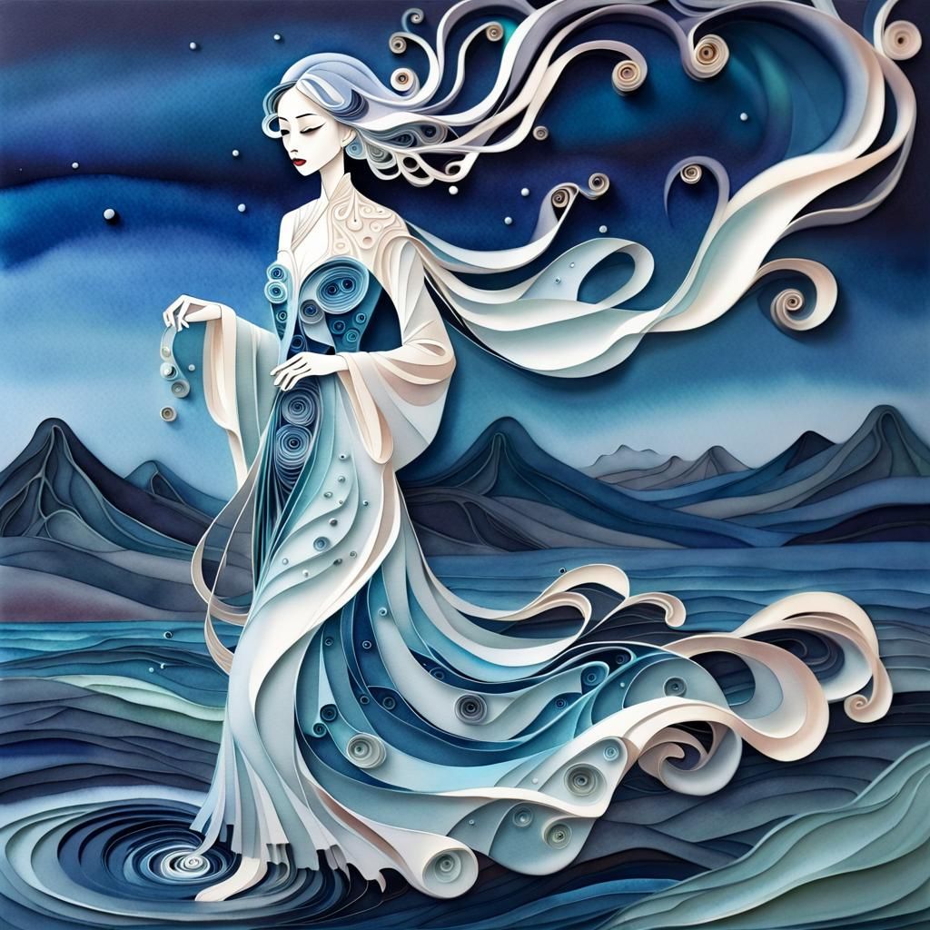 Surreal Watercolour Painting of a Ghostly Woman on a Chinese...