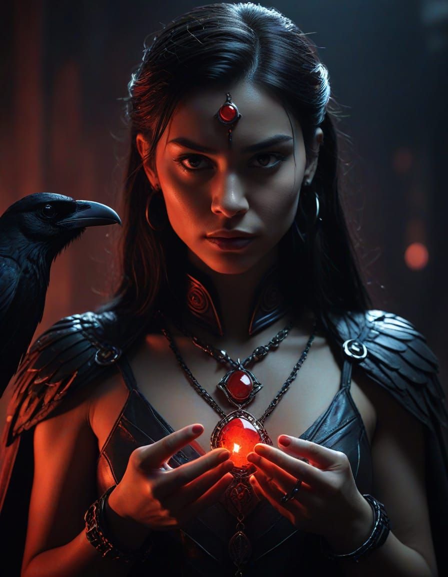 Mystical Superheroine Raven with Red Gemstone Amulet