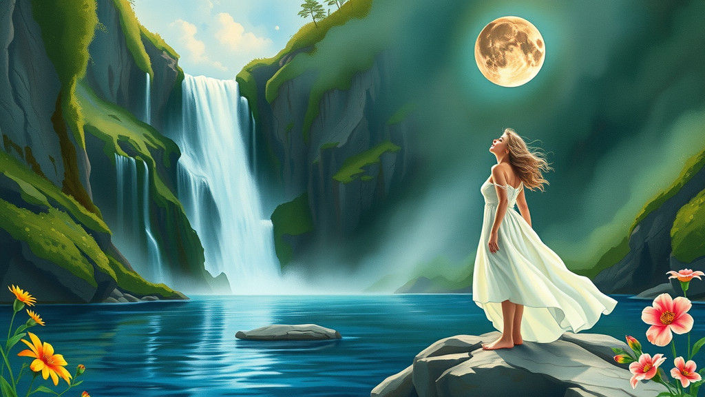 Lunar Eclipse over Waterfall in Watercolor Style