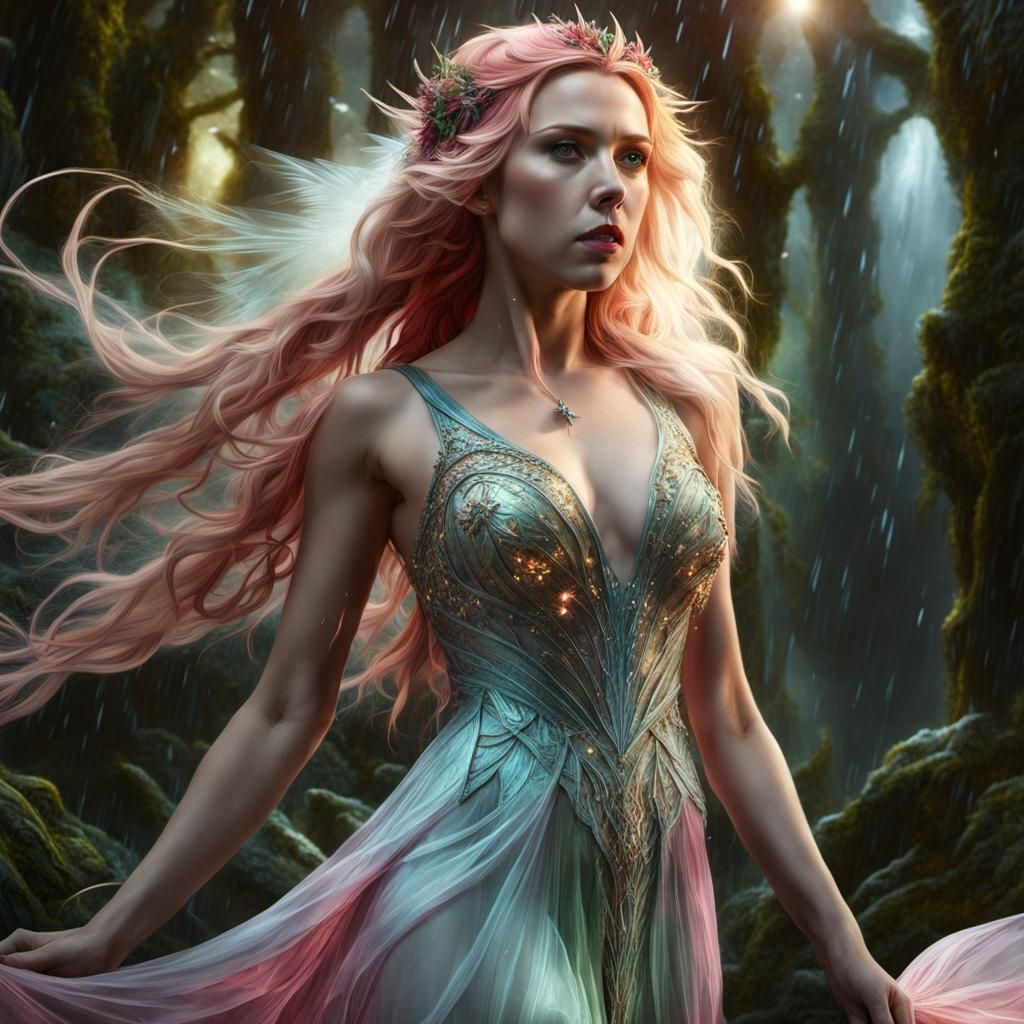 Crystal Fairy in Rainy Fantasy Landscape