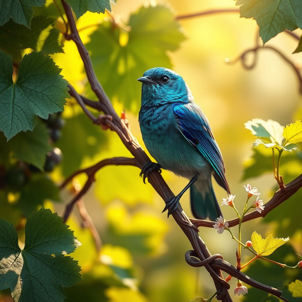 Bluebird on Grapevine in Baroque Still Life